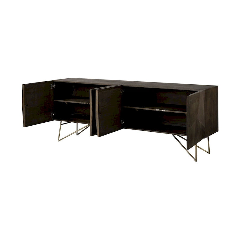 Brown Solid Wood Four-Door Sideboard With A Gold Metal Base.