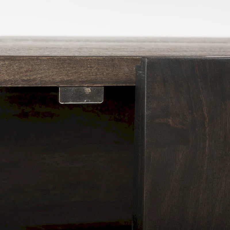 Brown Solid Wood Four-Door Sideboard With A Gold Metal Base.