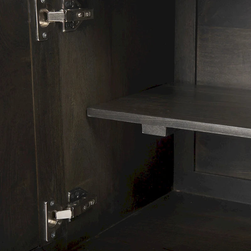 Brown Solid Wood Four-Door Sideboard With A Gold Metal Base.