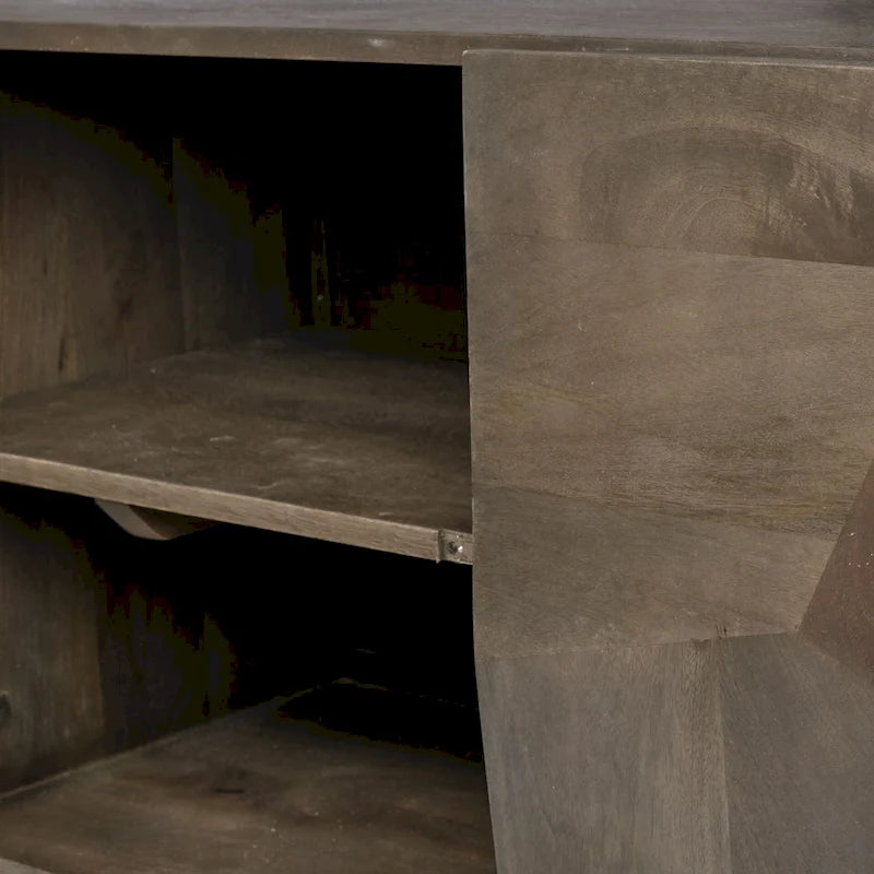 Brown Solid Wood Four-Door Sideboard With A Gold Metal Base.