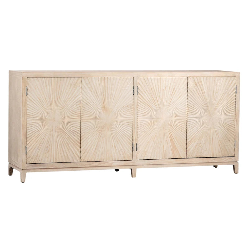 4-Door Sideboard, Light Pine, Carved Sunburst Doors, 79"