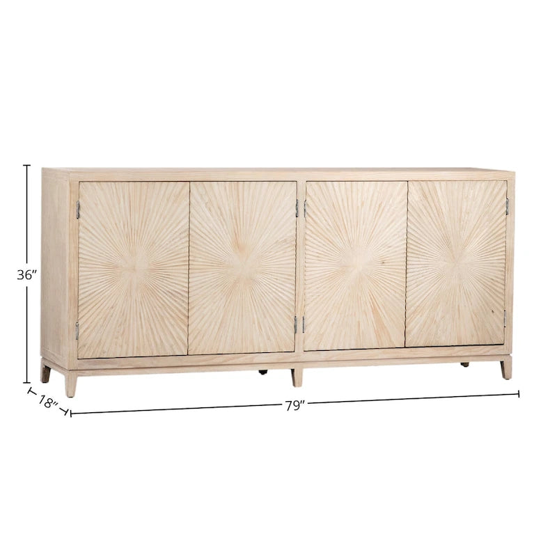 4-Door Sideboard, Light Pine, Carved Sunburst Doors, 79"