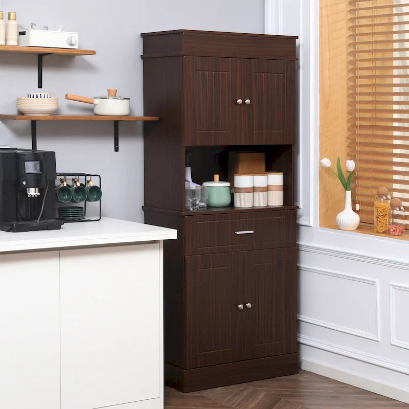 Kitchen sideboard with upper cabinets, freestanding storage unit, multi-functional drawers, double-door cabinet, and countertop, in brown.