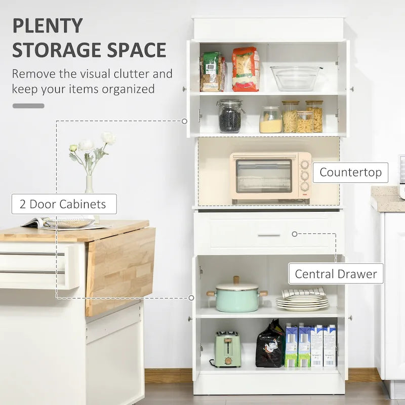 Kitchen sideboard with upper cabinets, freestanding storage unit, multi-functional drawers, double-door cabinet, and countertop, in brown.