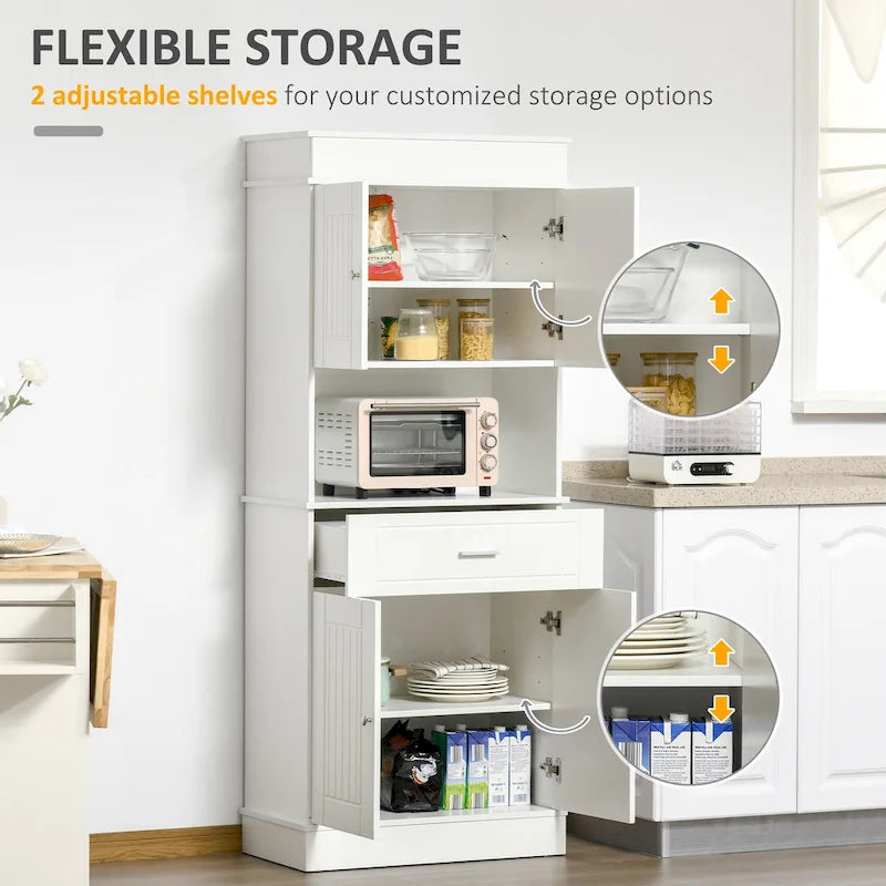 Kitchen sideboard with upper cabinets, freestanding storage unit, multi-functional drawers, double-door cabinet, and countertop, in brown.