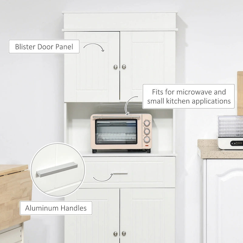 Kitchen sideboard with upper cabinets, freestanding storage unit, multi-functional drawers, double-door cabinet, and countertop, in brown.
