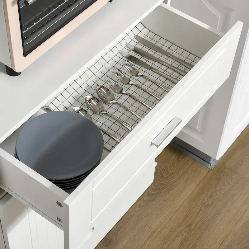 Kitchen sideboard with upper cabinets, freestanding storage unit, multi-functional drawers, double-door cabinet, and countertop, in brown.