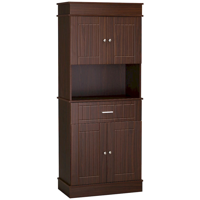 Kitchen sideboard with upper cabinets, freestanding storage unit, multi-functional drawers, double-door cabinet, and countertop, in brown.