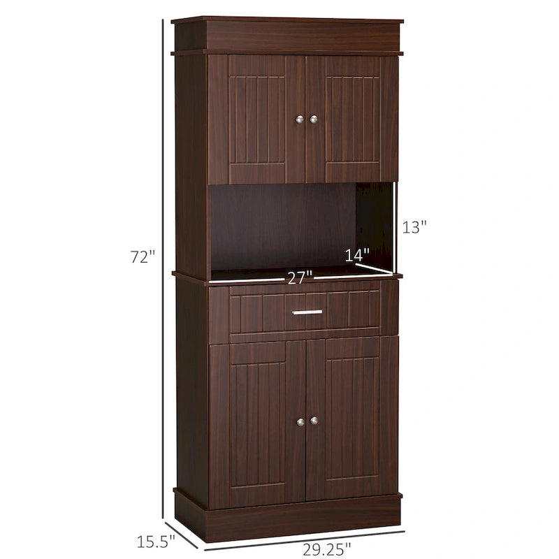 Kitchen sideboard with upper cabinets, freestanding storage unit, multi-functional drawers, double-door cabinet, and countertop, in brown.