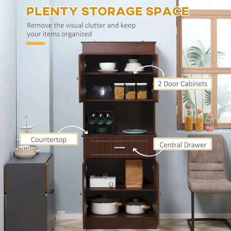 Kitchen sideboard with upper cabinets, freestanding storage unit, multi-functional drawers, double-door cabinet, and countertop, in brown.