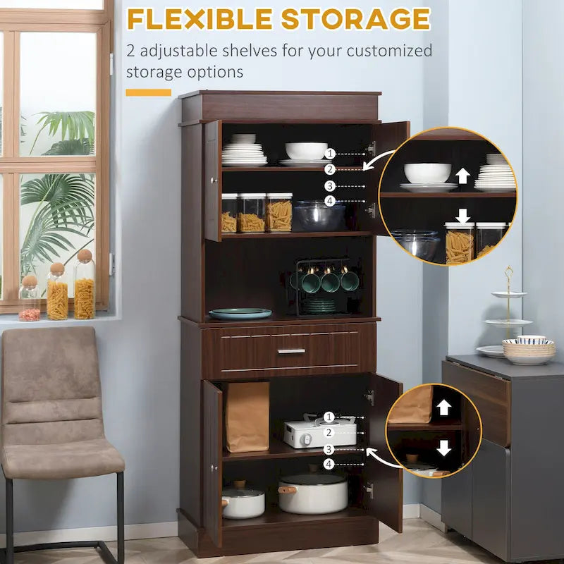 Kitchen sideboard with upper cabinets, freestanding storage unit, multi-functional drawers, double-door cabinet, and countertop, in brown.