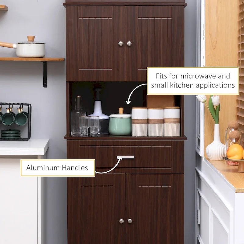 Kitchen sideboard with upper cabinets, freestanding storage unit, multi-functional drawers, double-door cabinet, and countertop, in brown.