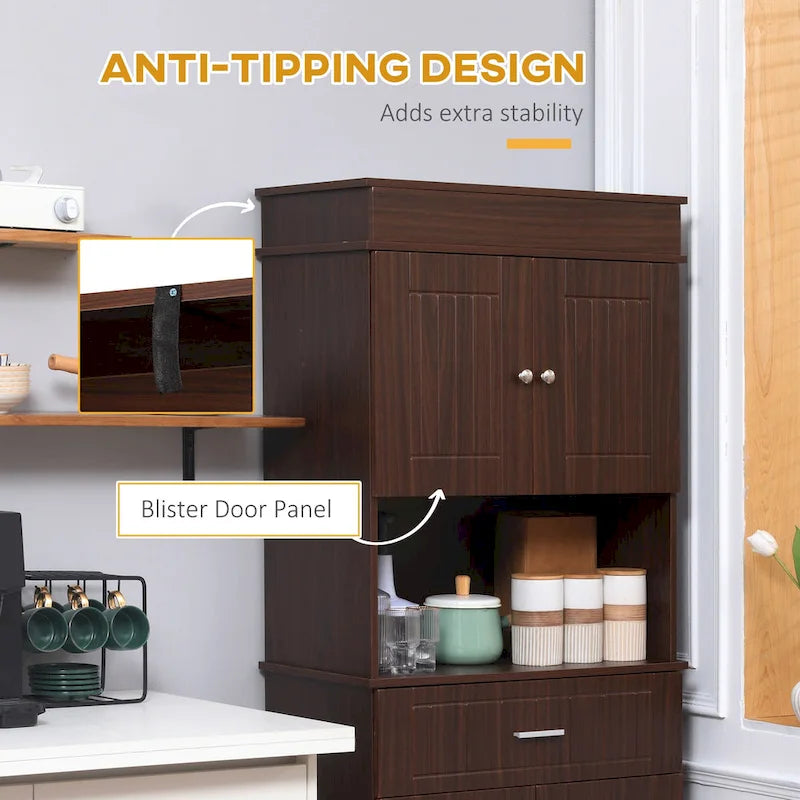 Kitchen sideboard with upper cabinets, freestanding storage unit, multi-functional drawers, double-door cabinet, and countertop, in brown.