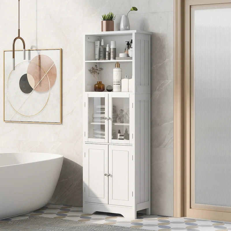 White Tall Bathroom Storage Cabinet with Shelves and Doors for Kitchen and Living Room - 23 W x64 H