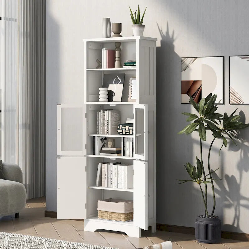 White Tall Bathroom Storage Cabinet with Shelves and Doors for Kitchen and Living Room - 23 W x64 H
