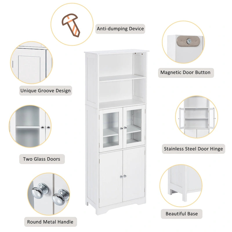 White Tall Bathroom Storage Cabinet with Shelves and Doors for Kitchen and Living Room - 23 W x64 H