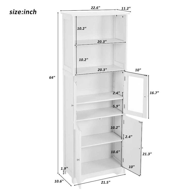 White Tall Bathroom Storage Cabinet with Shelves and Doors for Kitchen and Living Room - 23 W x64 H