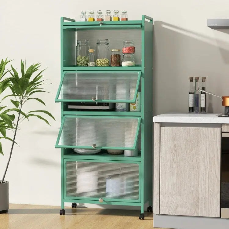 Five-tier kitchen storage rack with a flip-top lid.