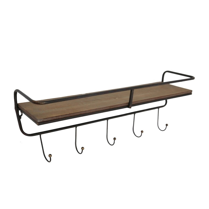 24.25  Brown and Black Single Tier Wall Shelf with Hooks