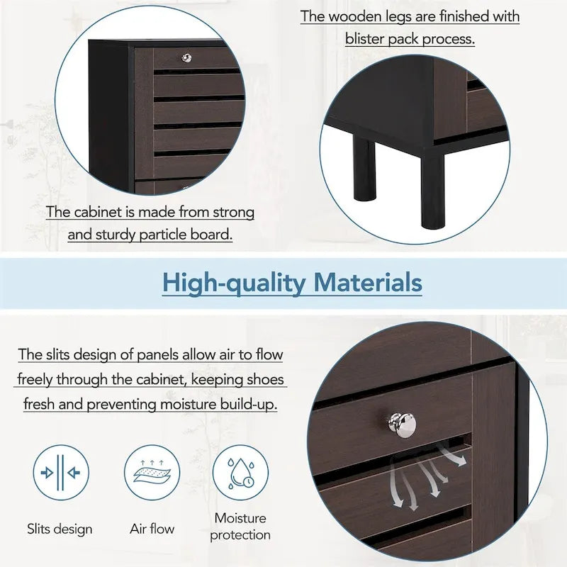 Simple and ultra-thin shoe cabinet with hooks and three flip-down drawers.