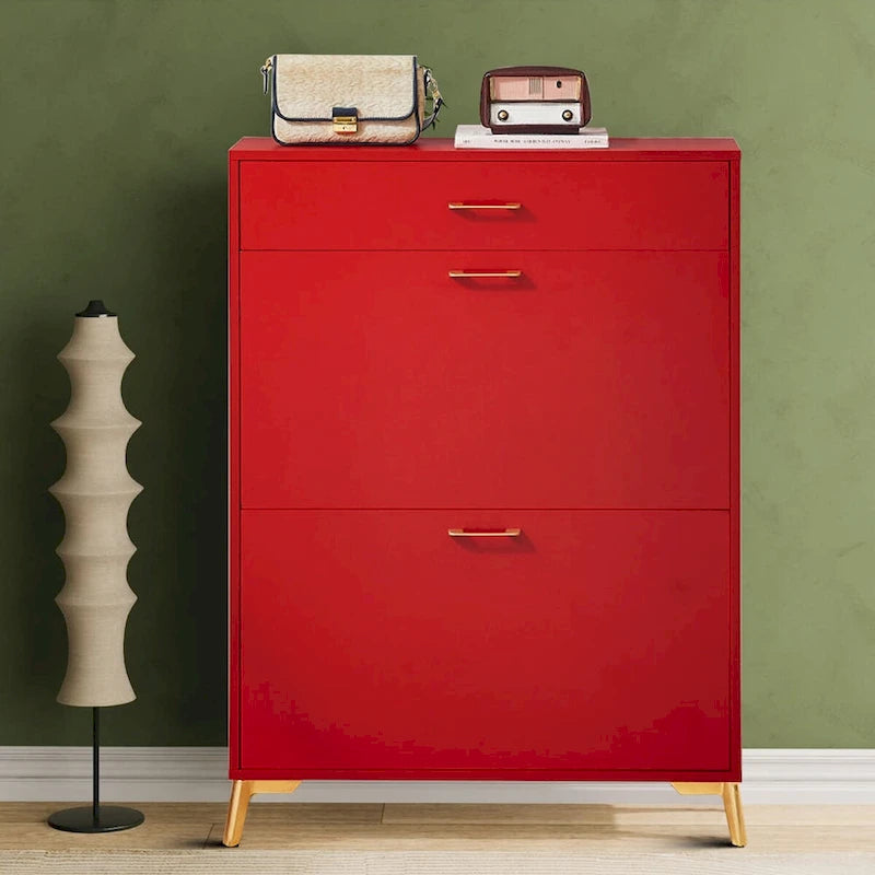 Modern Stylish Wooden Shoe Storage Cabinet with Gold Metal Handles and Legs