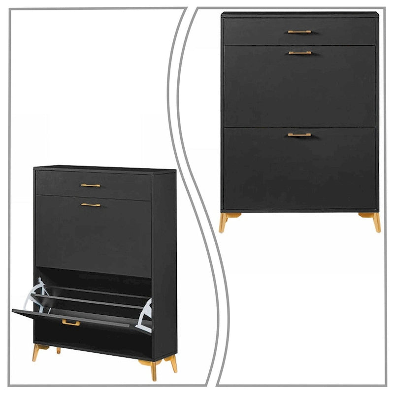 Modern Stylish Wooden Shoe Storage Cabinet with Gold Metal Handles and Legs