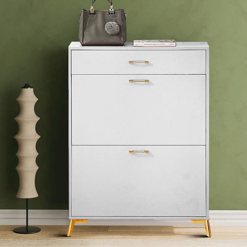 Modern Stylish Wooden Shoe Storage Cabinet with Gold Metal Handles and Legs