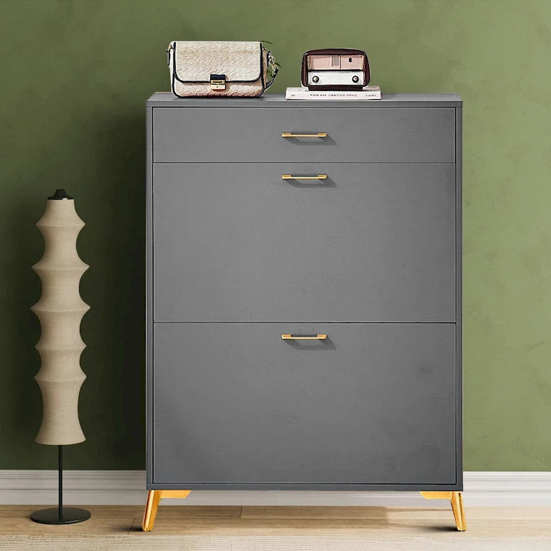 Modern Stylish Wooden Shoe Storage Cabinet with Gold Metal Handles and Legs