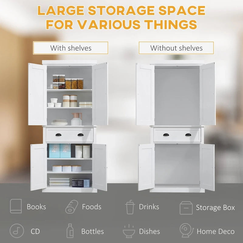 72  Freestanding Kitchen Pantry Cabinet, Tall Storage Cabinet with 2 Door Cupboards, 2 Drawers and Adjustable Shelves