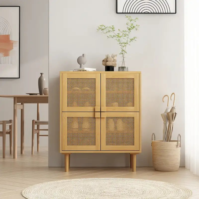 4-Doors Rattan Mesh Storage Cabinet, Sideboard with Eight Storage Spaces