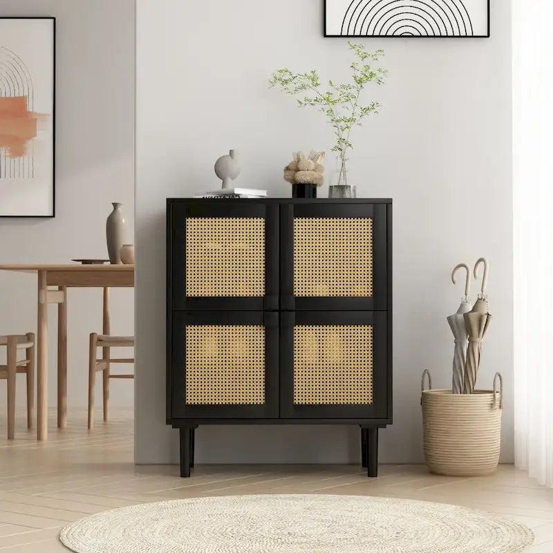 4-Doors Rattan Mesh Storage Cabinet, Sideboard with Eight Storage Spaces