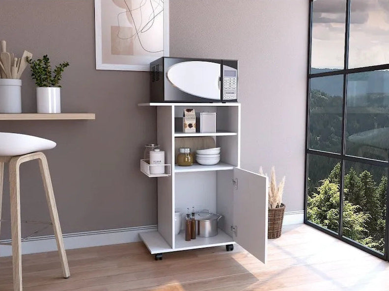 Kitchen Cart Kryot, Single Door Cabinet, Four Casters, White Finish,High quality and durable