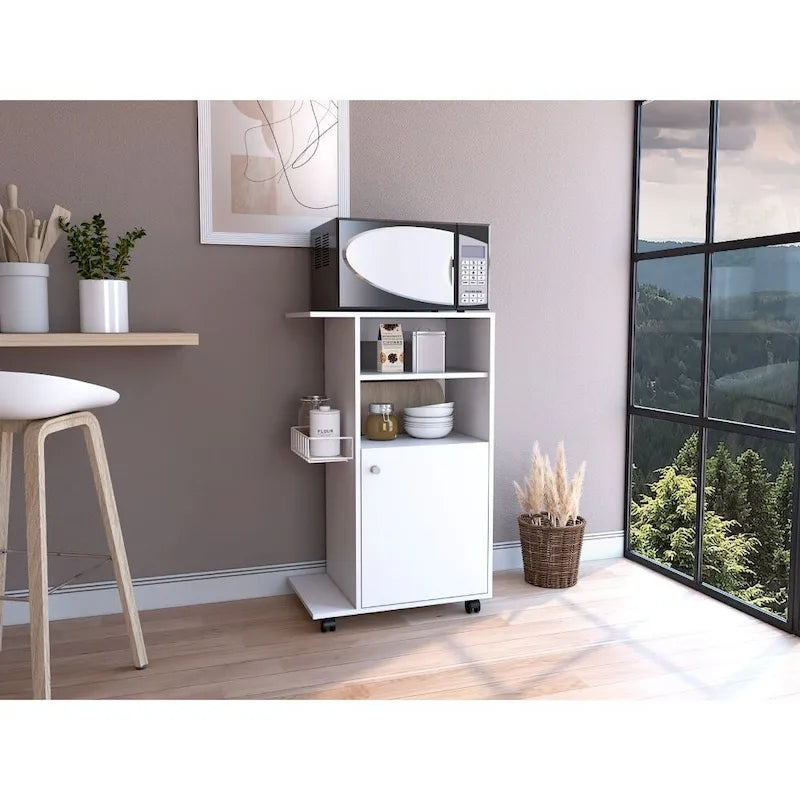Kitchen Cart, White, Single Door, 4 Wheels