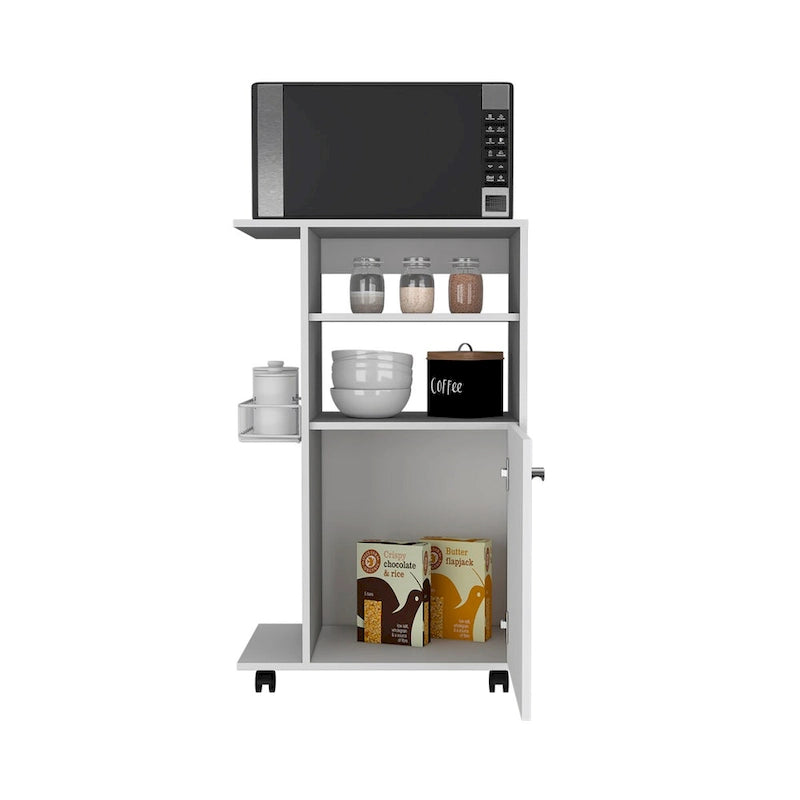 Kitchen Cart, White, Single Door, 4 Wheels