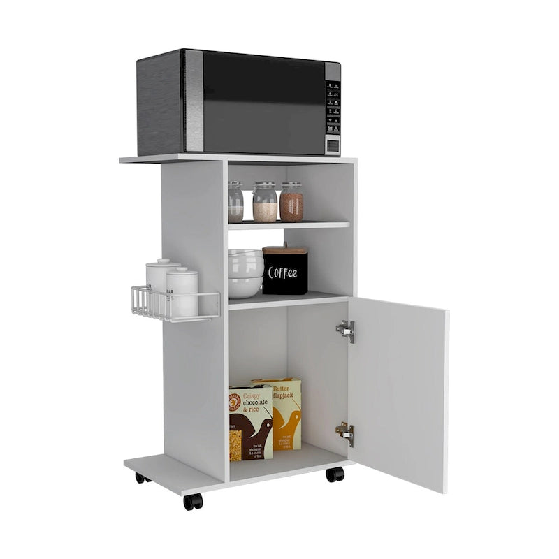 Kitchen Cart, White, Single Door, 4 Wheels