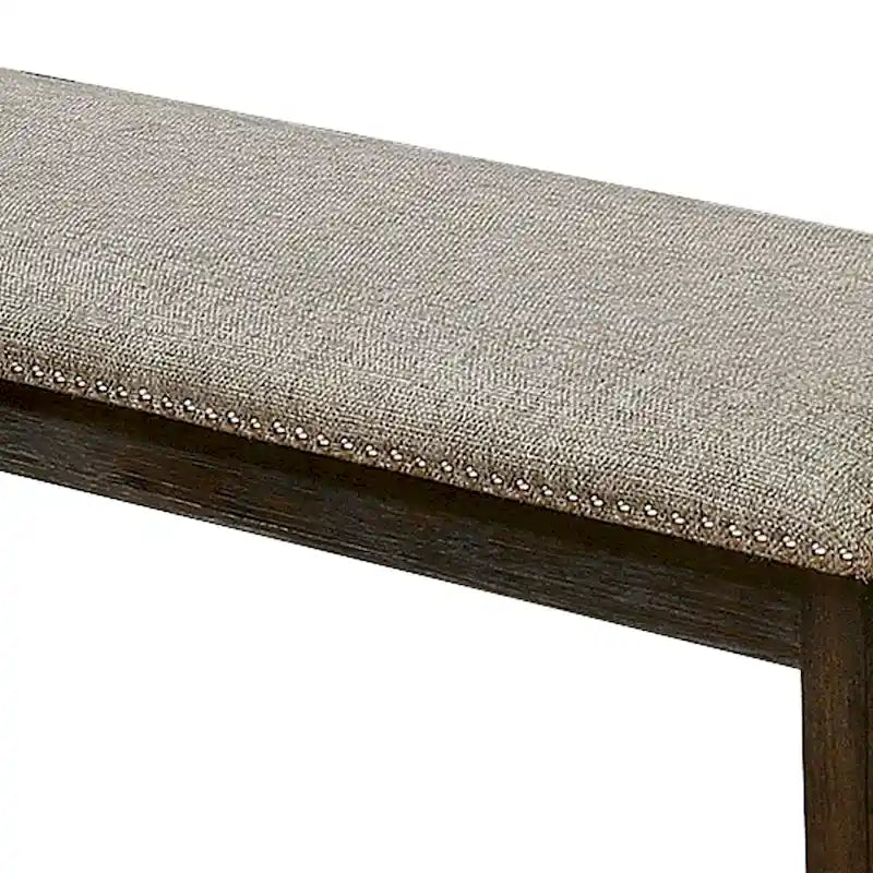 Fabric Upholstered Bench with Nailhead Trim and Tapered Legs, Gray and Espresso