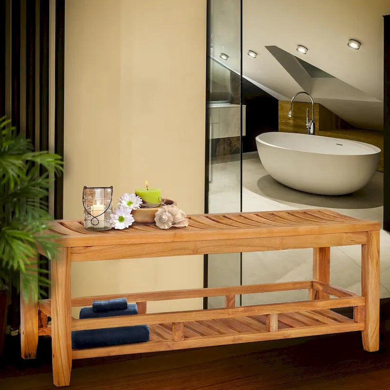 Large 47-Inch Teak Shower Bench, Suitable For Indoor/Outdoor Spa Areas.