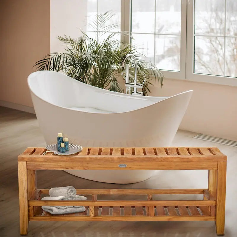 Large 47-Inch Teak Shower Bench, Suitable For Indoor/Outdoor Spa Areas.