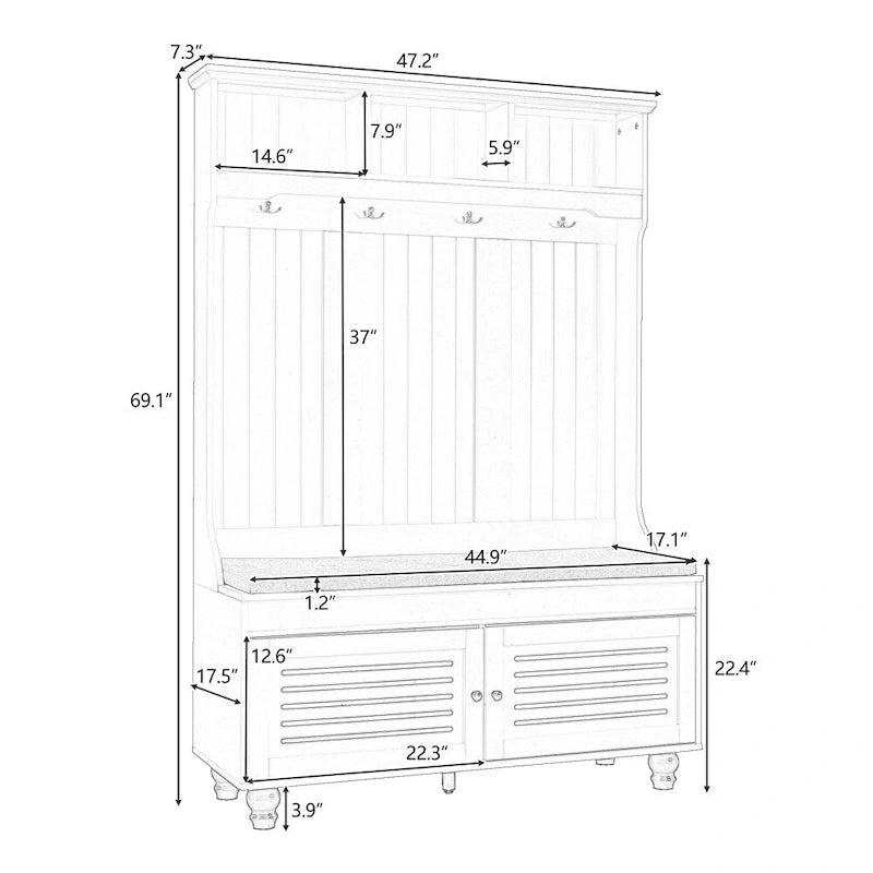 47.2  Entryway Bench with Shutter-Shaped Doors, Coat Rack, Cushion and 4 Sturdy Hooks