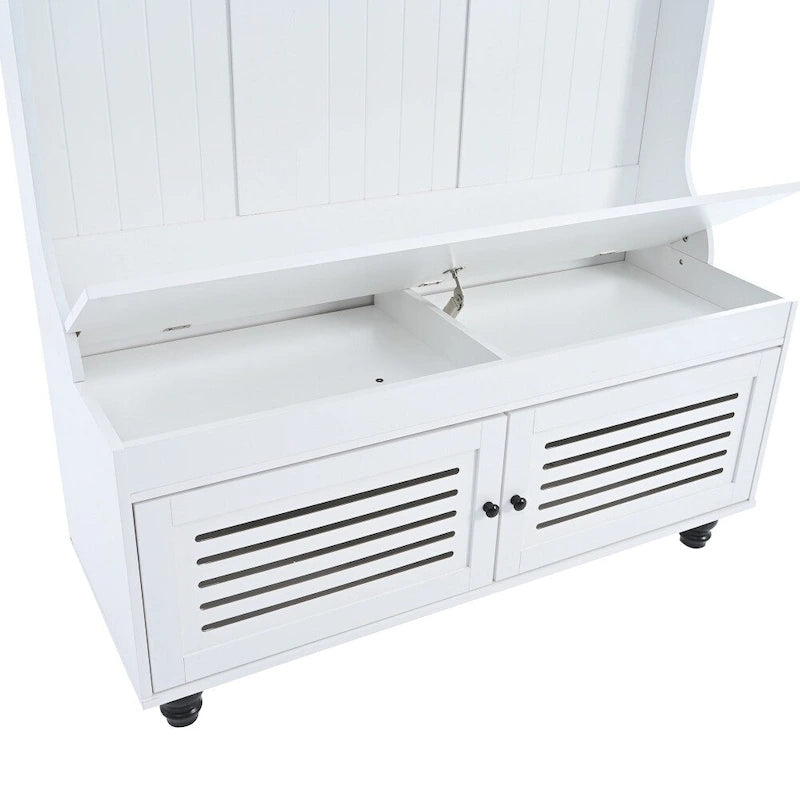 47.2  Entryway Bench with Shutter-Shaped Doors, Coat Rack, Cushion and 4 Sturdy Hooks