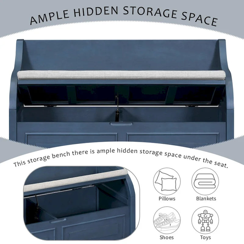 Rustic Style Solid Wood Entryway Storage Bench with Safety Hinge