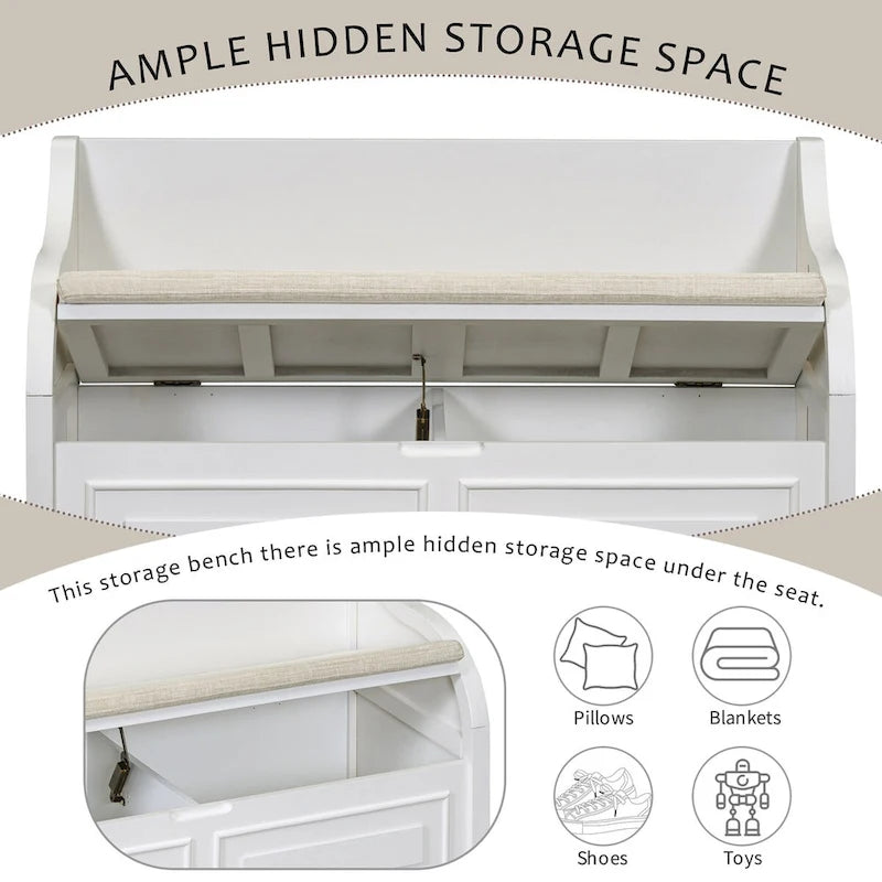 Rustic Style Solid Wood Entryway Storage Bench with Safety Hinge