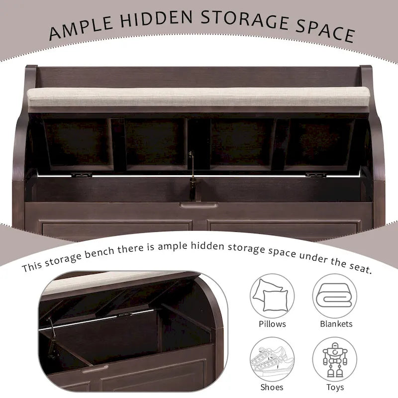 Rustic Style Solid Wood Entryway Storage Bench with Safety Hinge