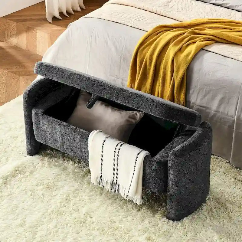 Oval Ottoman Storage Bench Chenille Fabric Bench with Large Storage Space