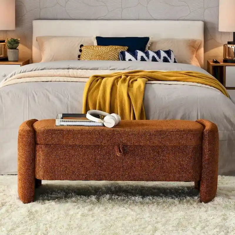 Oval Ottoman Storage Bench Chenille Fabric Bench with Large Storage Space