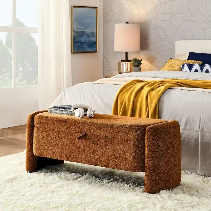 Oval Ottoman Storage Bench Chenille Fabric Bench with Large Storage Space