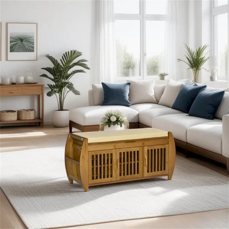 Bamboo Shoe Bench with Seating Cushion and Hidden Compartment