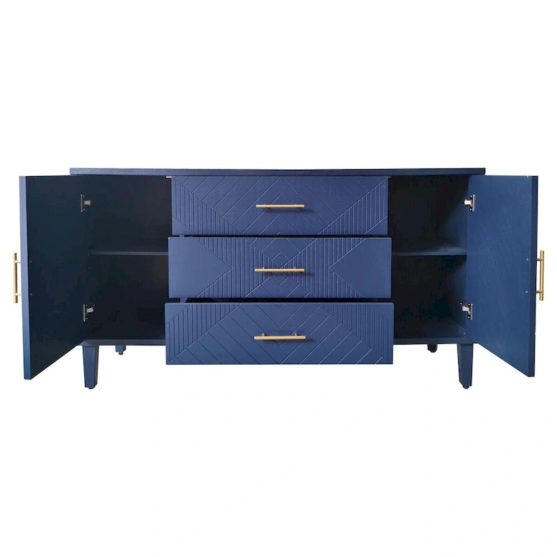 Stylish and Functional 2-Door 3-Drawer Cabinet with Carved Effect, for Bedroom,Living Room,Office,Easy Assembly, Navy Blue