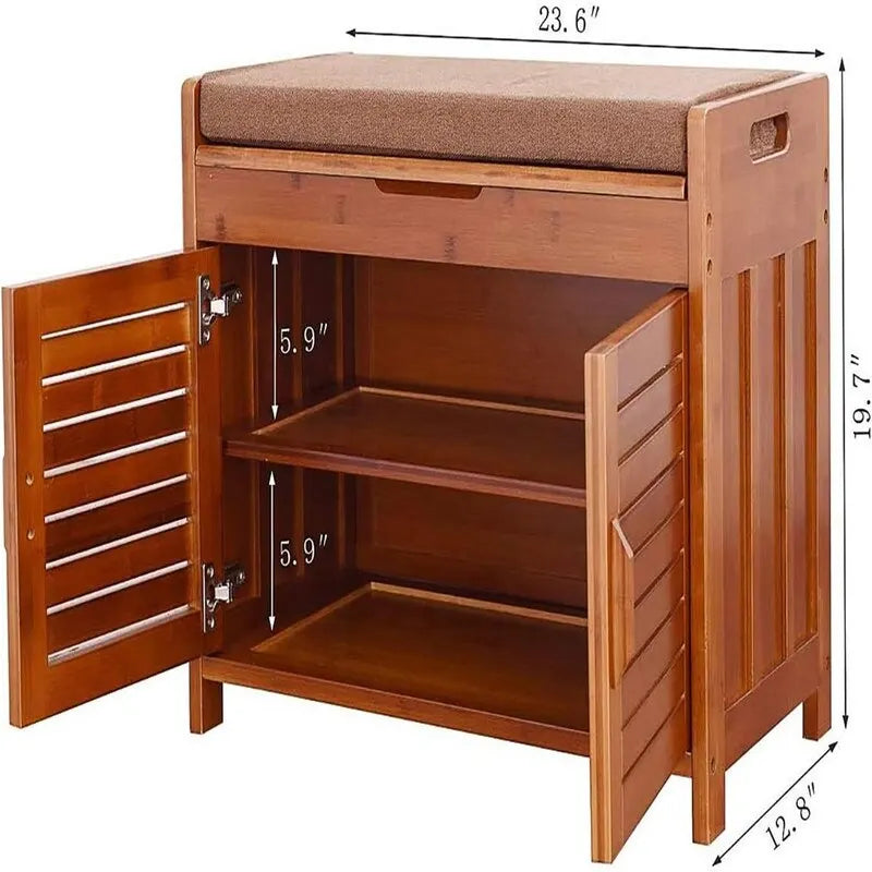 Natural Bamboo Shoe Storage Bench With Ventilated Cabinet & Removable Cushion, 23.6" Long Entryway Organizer