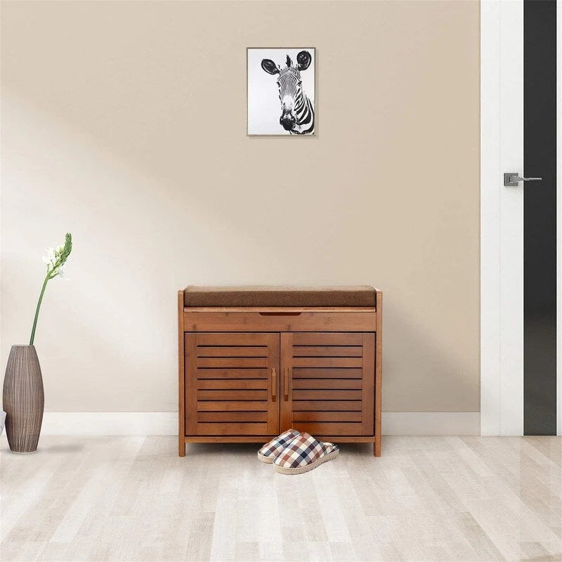 Natural Bamboo Shoe Storage Bench With Ventilated Cabinet & Removable Cushion, 23.6" Long Entryway Organizer